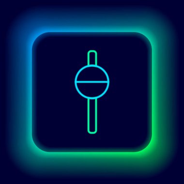 Parlayan neon hattı Balıkçılık yüzen ikonu siyah arkaplanda izole edildi. Balık oltası. Renkli taslak konsepti. Vektör