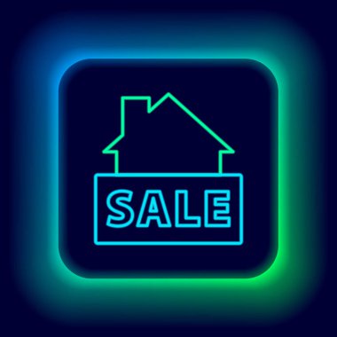 Siyah arkaplanda izole edilmiş metin satışı simgesiyle parlayan neon hattı asılı. Mesaj indirimli tabela. Renkli taslak konsepti. Vektör