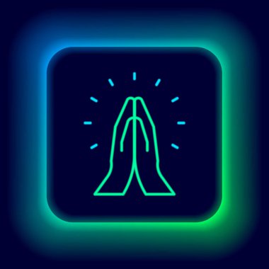 Parlayan neon hattı Eller dua pozisyonunda siyah arkaplanda izole edilmiş ikon. Tanrı 'ya inanç ve umutla dua edin. Renkli taslak konsepti. Vektör