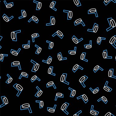 Buz hokeyi sopası ve disk ikonu siyah arka planda izole edilmiş kusursuz desen. Vektör