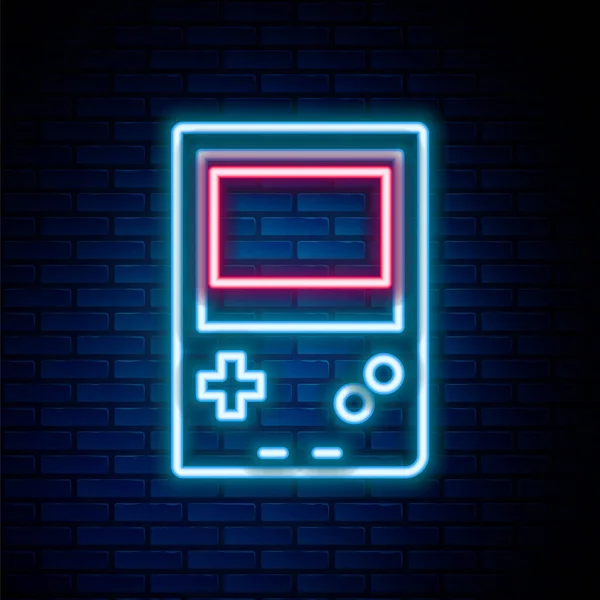 Linha de néon brilhante ícone de console de videogame portátil isolado no fundo da parede de tijolo. Sinal do Gamepad. Conceito de jogo. Conceito de esboço colorido. Vetor — Vetor de Stock