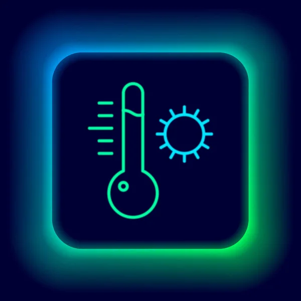 Gloeiende neon lijn Meteorologie thermometer meten pictogram geïsoleerd op zwarte achtergrond. Thermometer apparatuur toont warm of koud weer. Kleurrijk concept. Vector — Stockvector