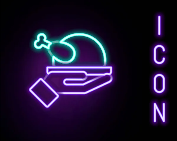 Linea neon incandescente Icona di tacchino arrosto o pollo isolata su sfondo nero. Concetto di contorno colorato. Vettore — Vettoriale Stock