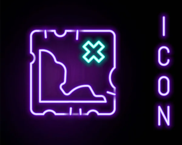 Gloeiende neon lijn Pirate schatkaart pictogram geïsoleerd op zwarte achtergrond. Kleurrijk concept. Vector — Stockvector