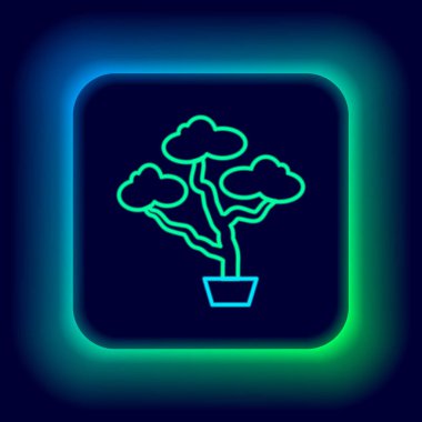 Parlayan neon hattı Japon bonsai ağacı simgesi siyah arkaplanda izole edildi. Japon kültürü, bahçıvanlık, yaşlılık hobisi. Renkli taslak konsepti. Vektör