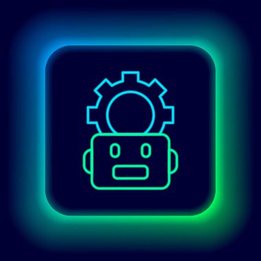 Parlayan neon hattı robotu siyah arkaplanda izole edilmiş bir simge ayarlıyor. Yapay zeka, makine öğrenme, bulut hesaplama. Renkli taslak konsepti. Vektör