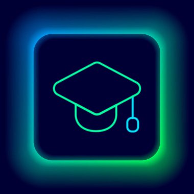 Parlayan neon hattı mezuniyet simgesi siyah arkaplanda izole edildi. Tassel ikonlu mezuniyet şapkası. Renkli taslak konsepti. Vektör