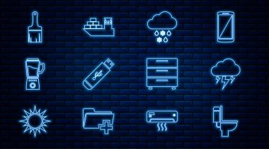 Hat hattı klozet, fırtına, kar ve yağmurlu bulut, USB flash disk, blender, boya fırçası, mobilya sehpası ve kargo gemisi ikonu. Vektör