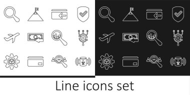 Hat ses asistanı, Algoritma, Cash Back, Uçak, Büyüteç ve Analiz ve Dağların bayrak simgesi. Vektör