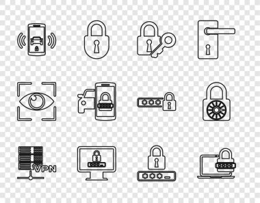 Satır Server VPN 'i ayarla, şifresi olan dizüstü bilgisayar, kilit ve anahtar, monitör, akıllı araba alarm sistemi, güvenlik, şifre koruması ve güvenli kilit tekeri simgesi. Vektör
