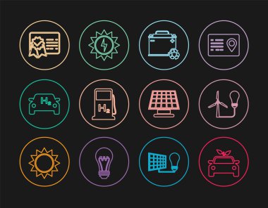 Eko araba konsept sürücüsü, rüzgar türbinli ampul, araba aküsü geri dönüşümü, hidrojen dolum istasyonu, sertifika şablonu, güneş enerjisi paneli ve simge. Vektör