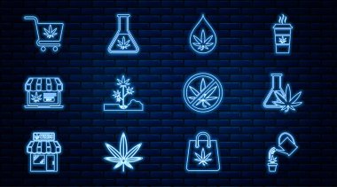 Sabit hat, marihuana, test tüpü, marihuana veya kenevir yaprağı yağı, ekme, online alışveriş, alışveriş arabası, dur ve ikon. Vektör