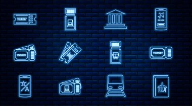 Satır kapağı seyahat rehberi, bilet, müze binası, bilet, otobüs ve tren ikonu. Vektör