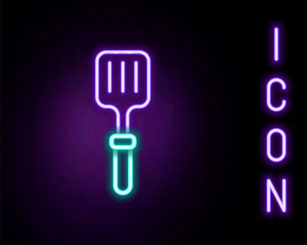 Glowing neon line Barbecue spatula icon isolated on black background. Kitchen spatula icon. BBQ spatula sign. Barbecue and grill tool. Colorful outline concept. Vector — Stock Vector