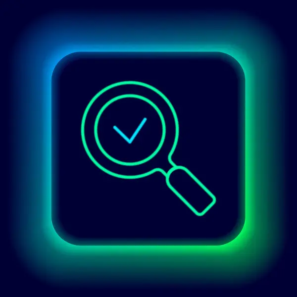 Glowing neon line Magnifying glass with check mark icon isolated on black background. Search, focus, zoom, business symbol. Colorful outline concept. Vector — Stock Vector