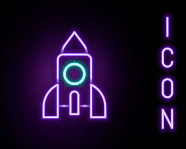 发光的霓虹灯线火箭飞船玩具图标孤立在黑色背景.太空旅行。五彩缤纷的概念.B.病媒 — 图库矢量图片