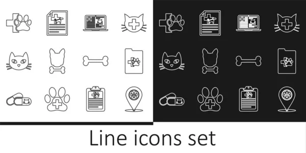 Set line Location veterinary, Clinical record pet, laptop, Dog and bone, Cat, Veterinary clinic, and Medical certificate for dog icon. Vector — Stock Vector