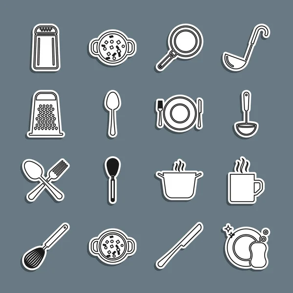 Set line Platos de lavado, taza de café, cucharón de cocina, sartén, cuchara, rallador, sal y pimienta y plato, icono de cuchillo de tenedor. Vector — Vector de stock