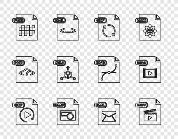 Set line GIF file document, MOV, BMP, PNG, OBJ, EML and MP4 icon. Vector — Stock Vector