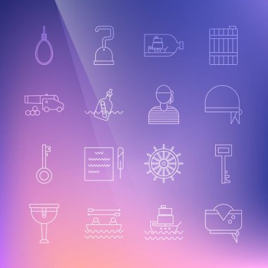 Korsan şapkası, anahtar, kafa için bandana içinde gemi olan şişe, mesaj suyu, gülle güllesi, darağacı halatı asılı ve denizci kaptan ikonu. Vektör