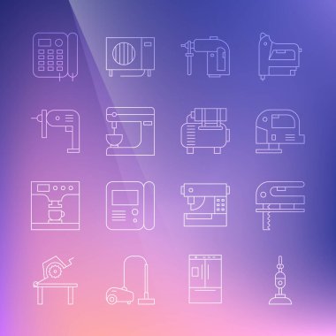 Elektrik süpürgesi, elektrikli yapboz, döner çekiç matkabı, mikser, telefon ve hava kompresörü ikonu. Vektör