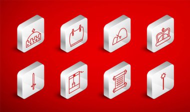 Sıraya dizilmiş Ortaçağ topları, çelik yelek, saman ve tırmık topu, kral tacı, ferman, parşömen, parşömen, parşömen, iyi bir kova ve kılıç ikonu. Vektör