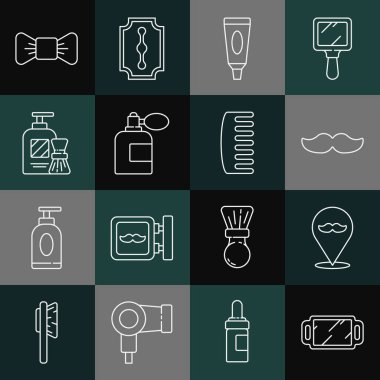 El aynası, berber dükkanı, bıyık, krem losyon kozmetik tüpü, traş losyonu, tıraş köpüğü fırçası, papyon ve saç fırçası ikonu. Vektör