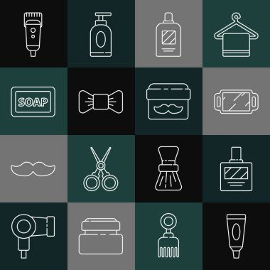 Hat kremi veya losyon kozmetik tüp, tıraş losyonu, el aynası, şampuan şişesi, papyon, köpüklü sabun, elektrikli saç tıraş makinesi ve kavanoz ikonu. Vektör