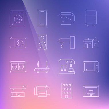 Depo, mikrodalga fırın, House, elektrikli su ısıtıcısı, ses hoparlörü, fotoğraf makinesi, çamaşır makinesi ve su musluğu ikonu. Vektör