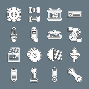 Halat anahtarı, huni ve yağ damlası, araba akü akü kablosu, susturucu, buji, ses hoparlörü ve ayna ikonu ayarlayın. Vektör