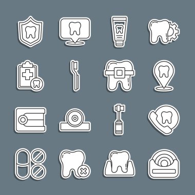 Diş ipi, online diş bakımı, klinik konumu diş macunu tüpü, diş fırçası, kart, koruma ve diş teli ikonu olan dişler. Vektör