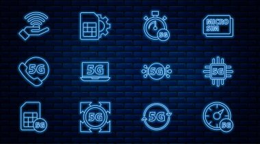 Hız ölçer 5G, işlemci, ağ, telefon ve Sim kart ayarlama simgesiyle dizüstü bilgisayarı ayarla. Vektör