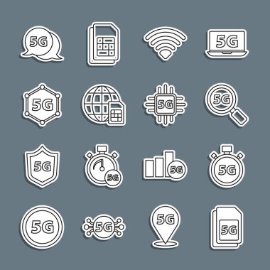 Satır 5G Sim Card, Dijital hız ölçer, Arama ağı, Wi-Fi kablosuz, Globe ve İşlemci simgesini ayarla. Vektör