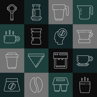 Çizgi kahve fincanı, V60 kahve makinesi, bardağı doldur, filtre tutacağı ve barista ikonu. Vektör