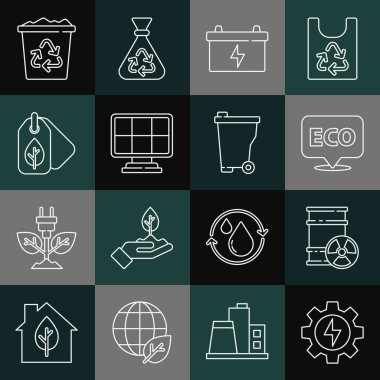 Dişliler ve şimşekler, radyoaktif atık varili, ekolojik sağlıklı gıda etiketi, araba aküsü, güneş enerjisi paneli, yapraklı etiket, geri dönüşüm kutusu geri dönüşümü ve çöp kutusu simgesi. Vektör