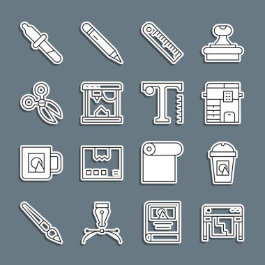 Satır Çizici, paket kahve fincanı, fotokopi makinesi, cetvel, 3D yazıcı, makas, Pipette ve Metin simgesi. Vektör