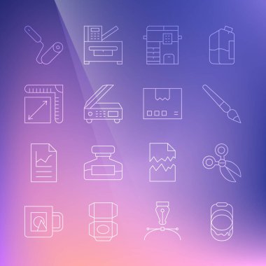 Çizgi boyası, makas, fırça, fotokopi makinesi, tarayıcı, kağıt boyutu, silindir ve karton kutu simgesi. Vektör