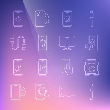 Hattı ayarla, Multimetre, Cam ekran koruyucu, akıllı ev, kalkan, USB kablo kablosu, mobil hata ve telefon servis ikonu. Vektör