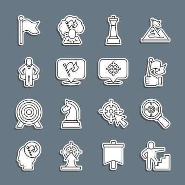 Bitiş bayrağı, hedef büyüteç, el ele tutuşmalar, satranç, bayrak, kafa avcılığı ve ikon. Vektör