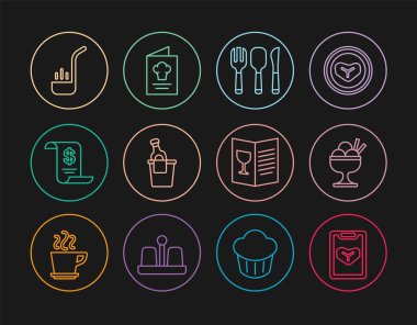 Restoran menüsü, kasede dondurma, çatal, kaşık ve bıçak, şampanya kovası, kağıt para, mutfak kepçesi ve yemek kitabı ikonu. Vektör