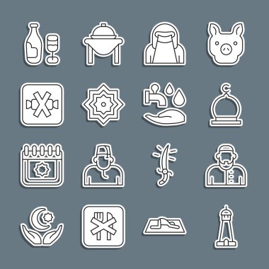 Cami kulesi ya da minare, Müslüman erkek, kadın niqab, sekizgen yıldız, şekersiz, camlı şarap şişesi ve Wudhu ikonu. Vektör