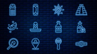 Sıralı güreş kemeri, limonlu tekila şişesi, güneş, Meksika sombrerosu dilimlenmiş limon, tuz ve burrito ikonu. Vektör