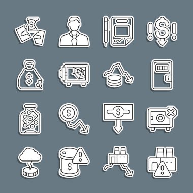 Fabrika, Güvenli, Hapishane hücre kapısı, Kontrat parası ve kalem, Para çantası, Yırtık banknot ve Dolar oranı azaltımı ikonunu ayarla. Vektör