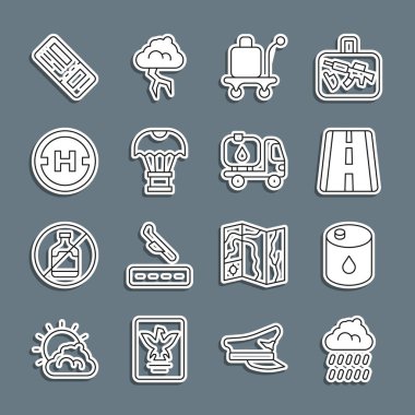 Cloud 'u yağmur, fıçı yağı, havaalanı pisti, Trolley bagaj, paraşütle uçan kutu, helikopter iniş pisti, uçak bileti ve yakıt tankeri ikonu ile ayarlayın. Vektör