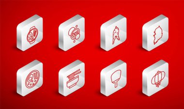 Kore feneri, Güney parası, Ginseng kökü, harita, yelpaze, Ramen ve ikon. Vektör