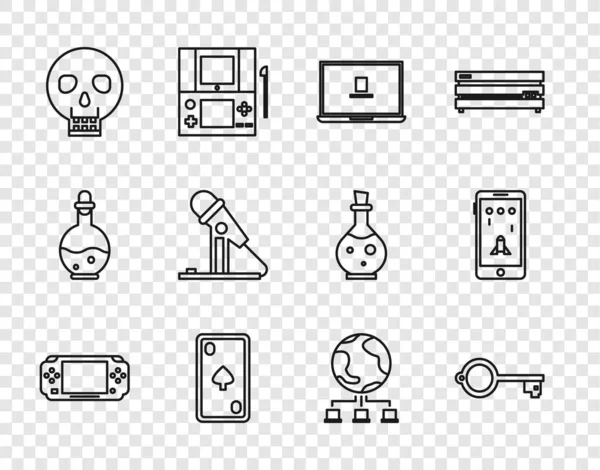 Set line Tragbare Videospielkonsole, Antike Schlüssel für, Laptop, Spielkarte mit Diamanten, Schädel, Mikrofon, Computernetzwerk und Handy und Spielsymbol. Vektor — Stockvektor