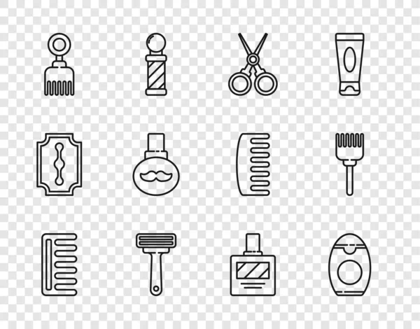 Встановіть лінію Щітка для волосся, Пляшка шампуню, Перукарня для ножиць, бритва для гоління, Борода та вуса доглядають за пляшкою з олією, Афішами та іконою. Векторні — стоковий вектор