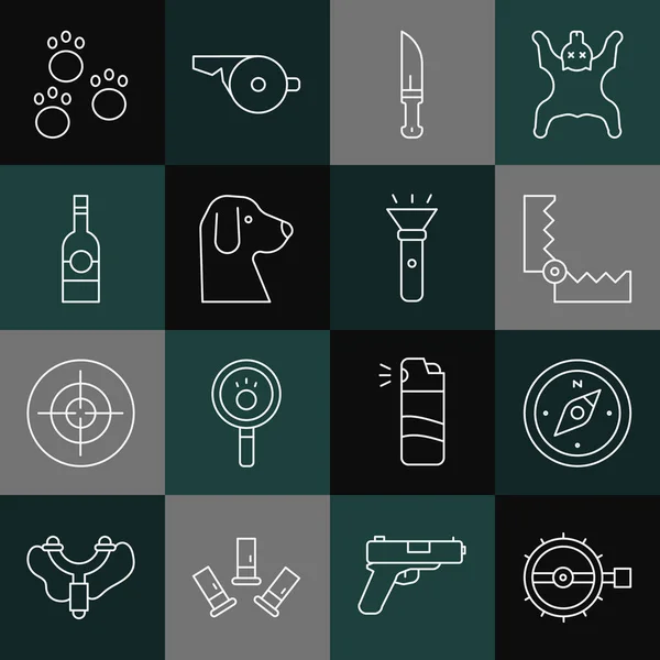 Setline Trap Jagd, Kompass, Jäger Messer, Hund, Flasche Wodka, Pfotenabdruck und Taschenlampe Symbol. Vektor — Stockvektor