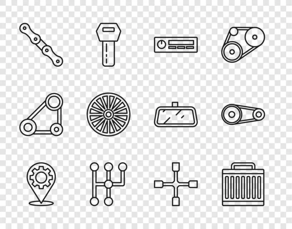 Встановіть лінію Автосервіс, систему охолодження радіатора, аудіо, перемикач передач, ланцюг, колесо сплаву, колісний ключ і значок набору ременів часу. Векторні — стоковий вектор
