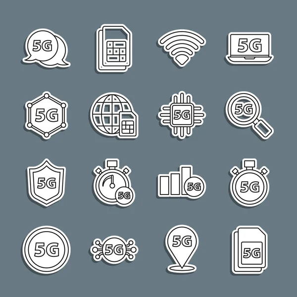 Satır 5G Sim Card, Dijital hız ölçer, Arama ağı, Wi-Fi kablosuz, Globe ve İşlemci simgesini ayarla. Vektör